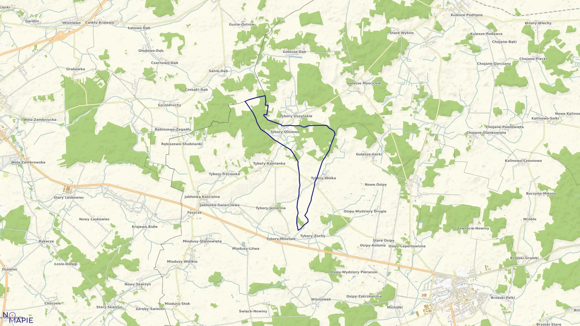 Mapa obrębu TYBORY-OLSZEWO w gminie Wysokie Mazowieckie